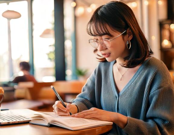 女性がカフェで勉強をしている